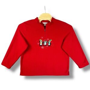 CJ Banks Womens 1X Red Fleece 1/4 Zip Pullover Embroidered Holiday Penguins READ